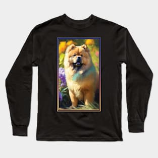 Chow Chow Dog Vibrant Tropical Flower Tall Digital Oil Painting Portrait Long Sleeve T-Shirt